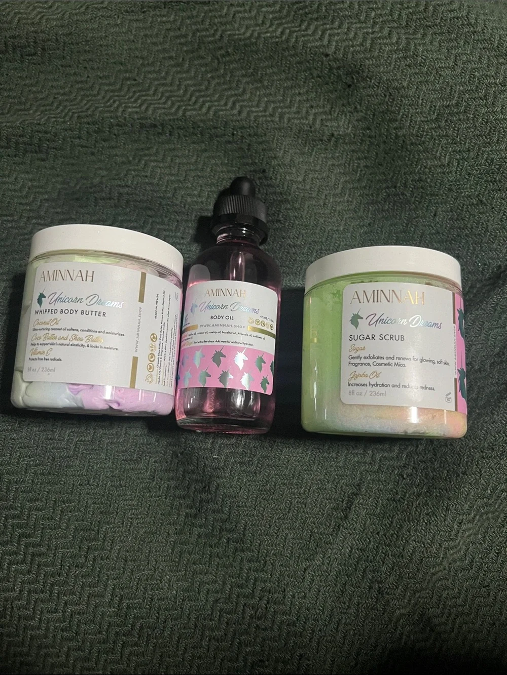 Aminnah Unicorn Dreams Whipped Body Butter, Body Oil & Sugar Scrub Set